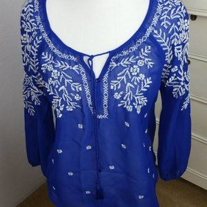 Royal Blue & Cream embroidered sheer top